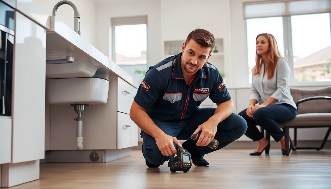 emergency plumber fixing a burst pipe in a modern brisbane kitchen