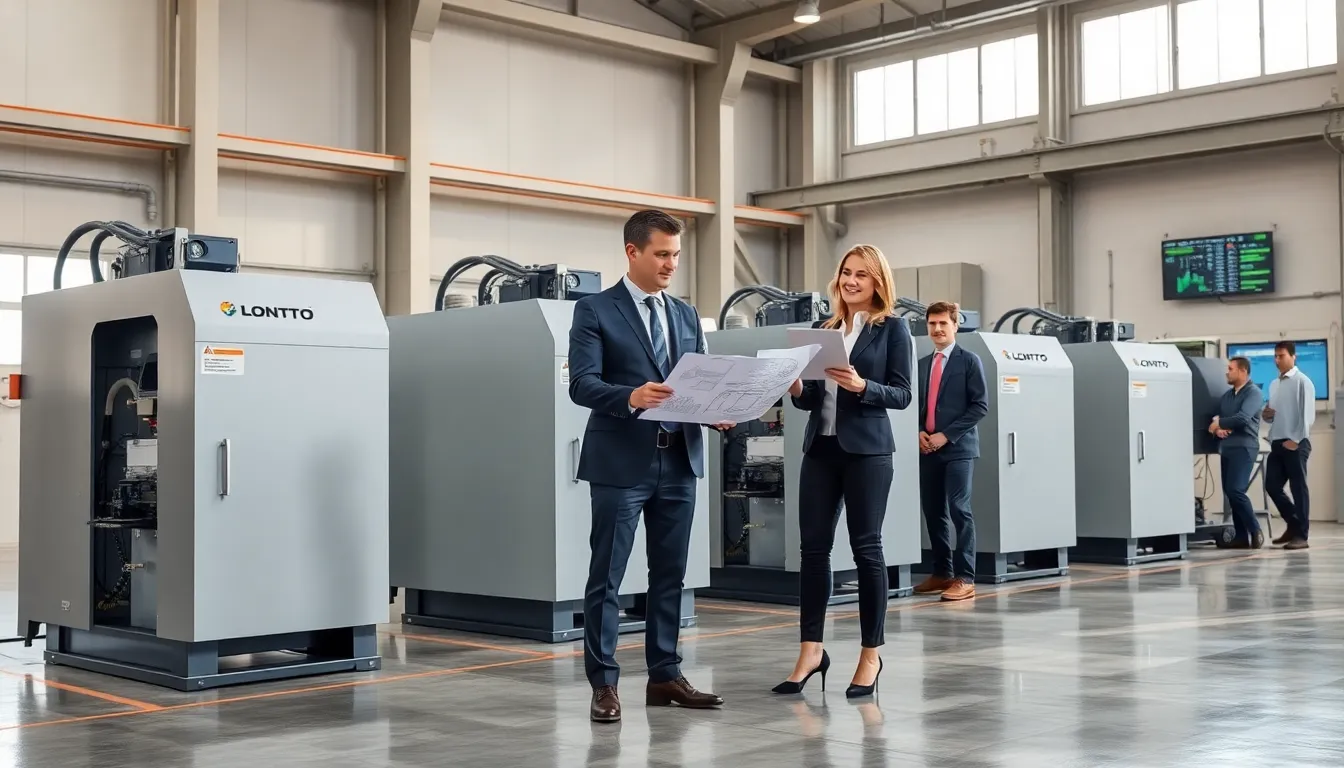 executives and engineers with modern brick making machines in a clean factory setting