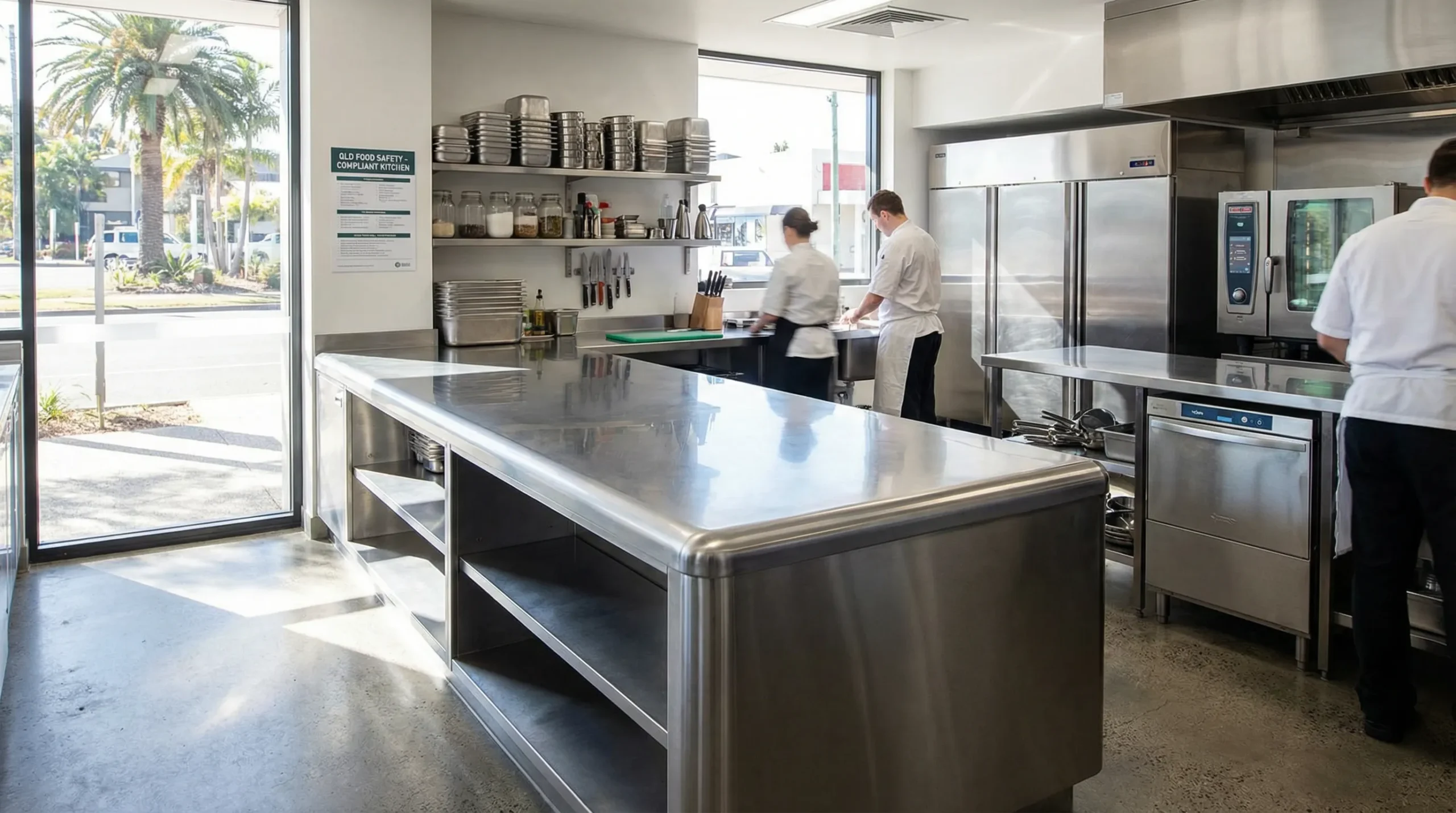 stainless steel bench in a modern commercial kitchen