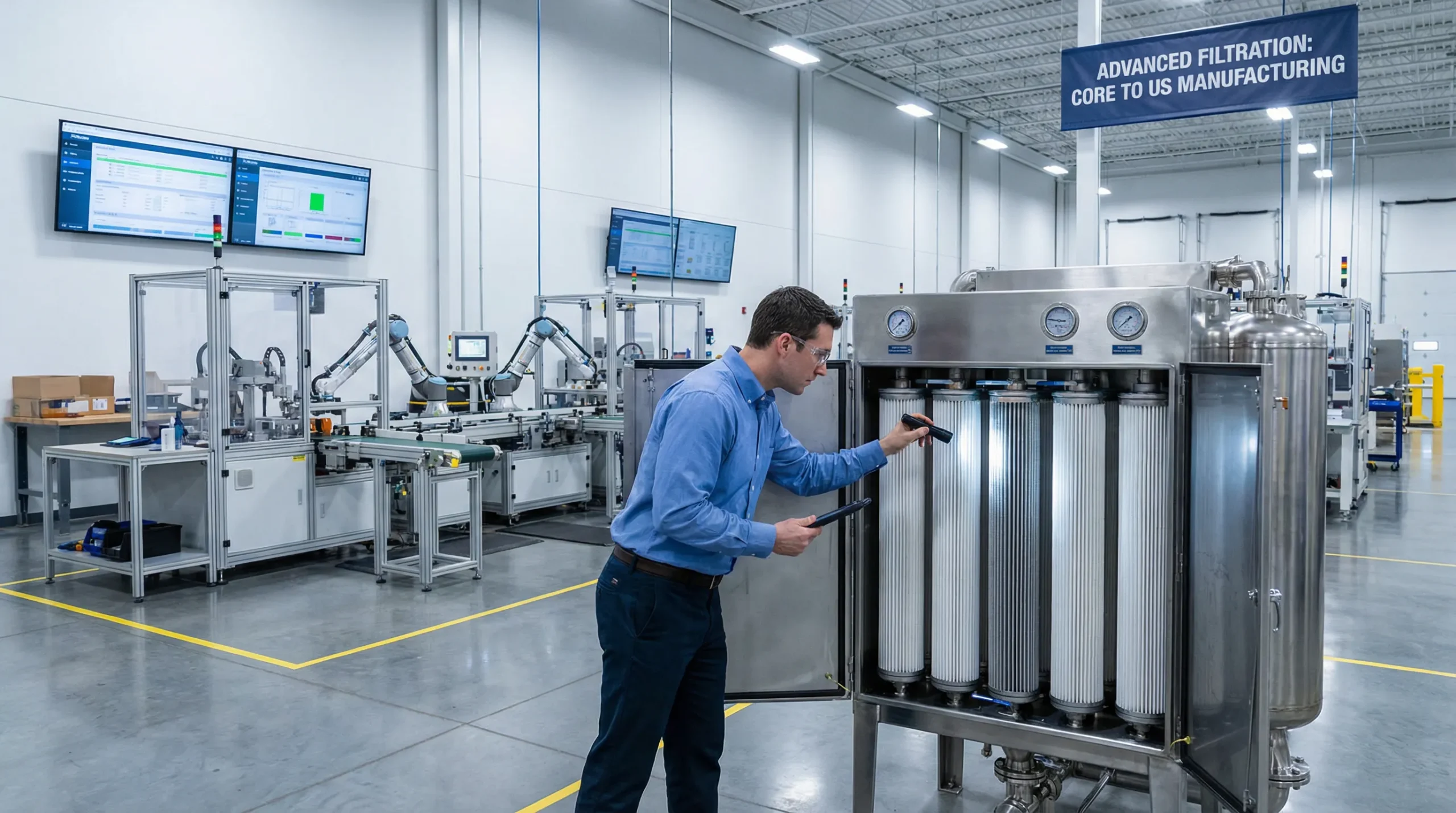 industrial engineer inspecting filtration unit in a modern manufacturing facility