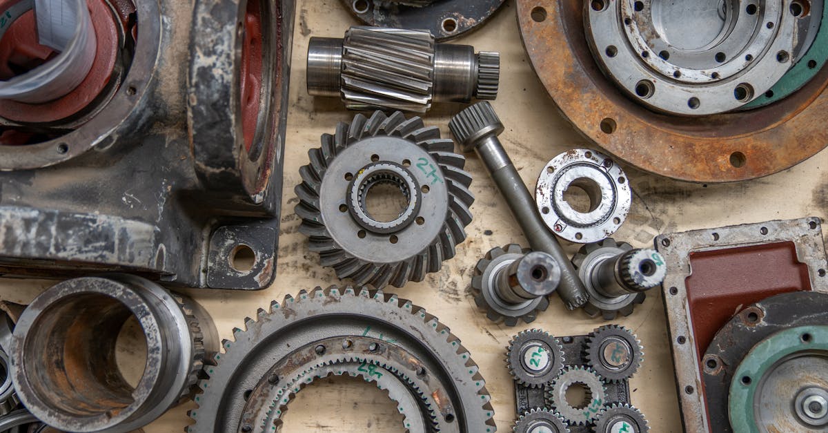 detailed shot of industrial gears and mechanical parts in a workshop setting